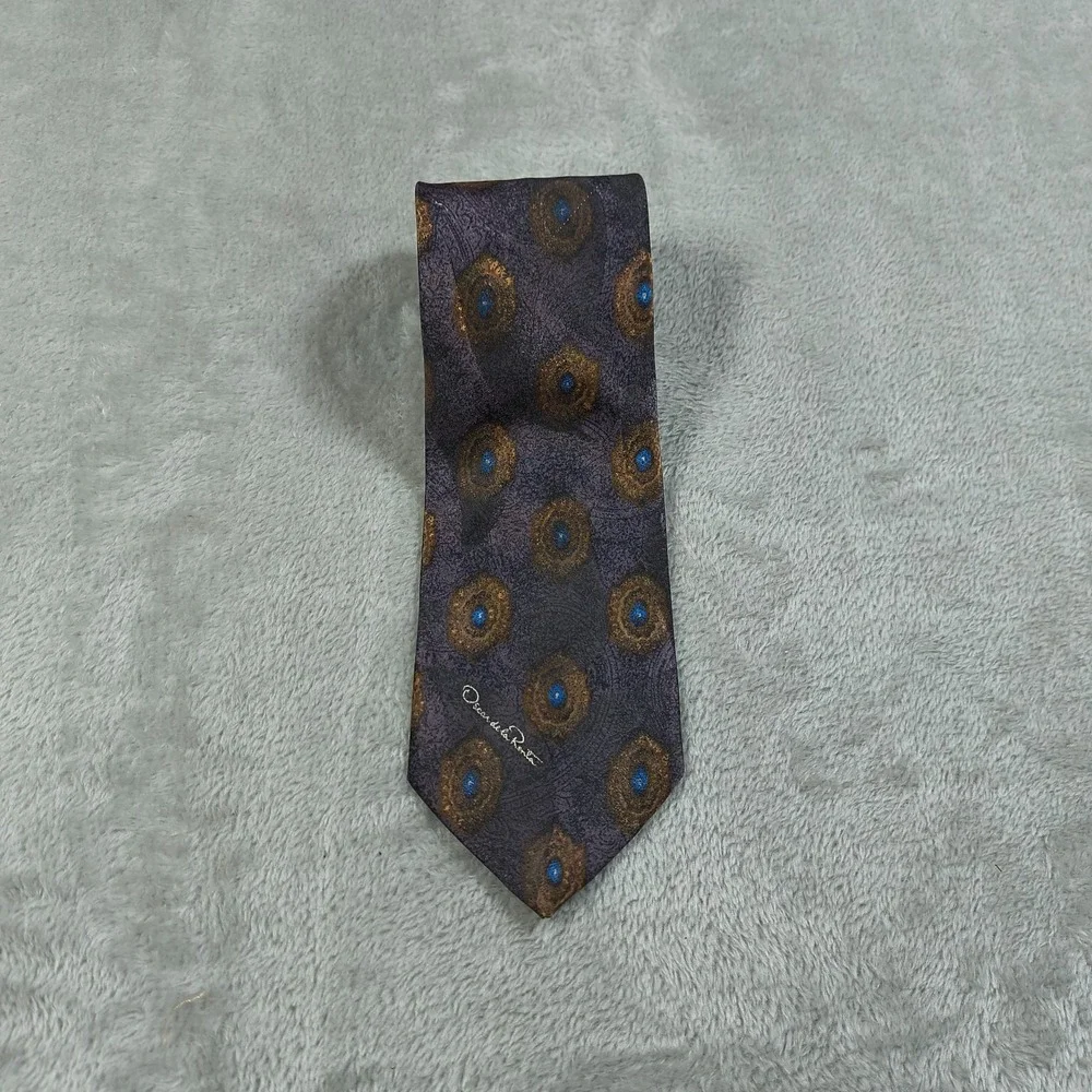 Vintage Oscar de la Renta Studio Tie Mens 90s Peacock Feather Old Money